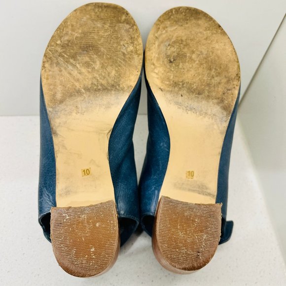 Steve Madden Shalow Blue Leather Peep Toe Sandals Shoes Snap Button Open Heel 10 - Picture 13 of 15